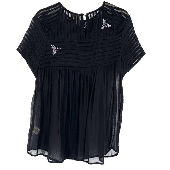 Let It Be Size Small Embroidered Floral Top Sheer Black Blouse Babydoll - Picture 3 of 8